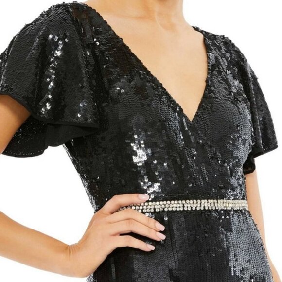 Mac Duggal Black Floral Embellished V Neck Flutter Sleeve Dress - Picture 3 of 3